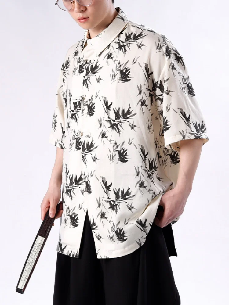 

New Chinese Style Men's Shirt Ice Silk Short Sleeve Button up Top Summer Fashionable Loose Fit Printed Casual Youth Shirt