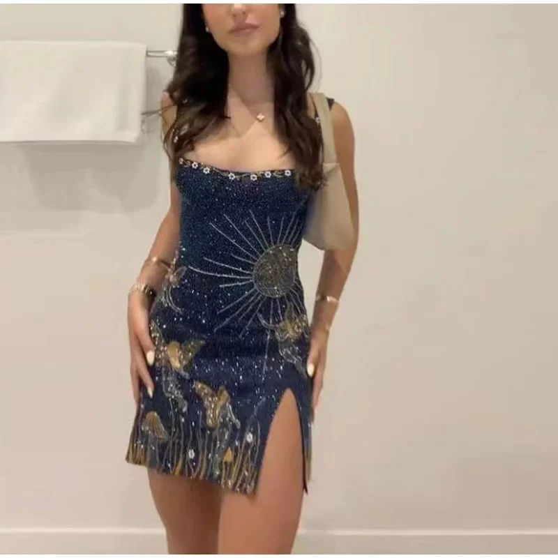 Vestido corto con tirantes finos para mujer, traje Sexy elegante con Espalda descubierta, sin mangas, con abertura ajustada, para banquete y discoteca