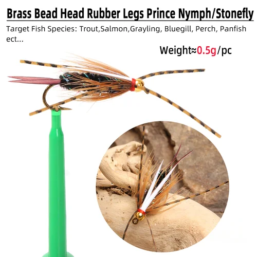 Imagen 2 del producto Vampfly 5 piezas cabeza de cuentas de latón patas de goma Príncipe Ninfa gancho de atado de moscas con púas # 6 señuelos de pesca Stonefly Wet Nymphs Trucha Salmón