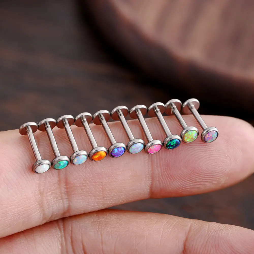 G23 Titanium Nose PIERC Conch Cartilage Push Pin insertion Ear Studs Labret Flat Back Opal Lip Studs Fashion Piercing Jewelry