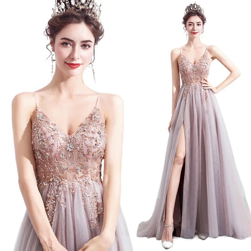 Gorgeous Sexy Double V-neck Sequined Beading High Split Pnk Formal Evening Party Dress