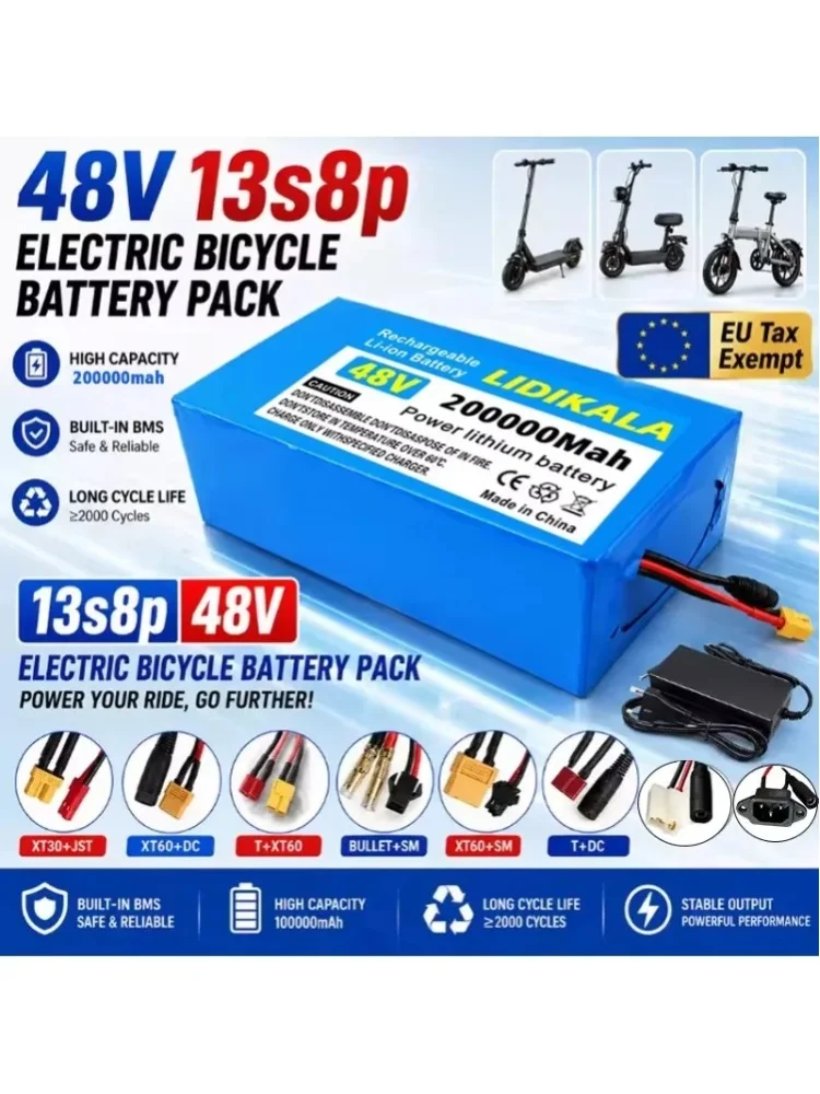 13S8P 48V 200Ah Lithium-Batterie mit großer Kapazität, 2000W, für Citycoco-Roller, Ersatzbatterie mit integriertem, stabilem 50A-BMS-Schutzschaltkreis