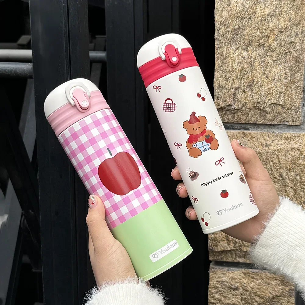 500ml Thermos Cup With Straw Bounce cap,Double Stainless Steel Vacuum Flasks,Fun Printed Drinkware,Car Portable Water Bottle