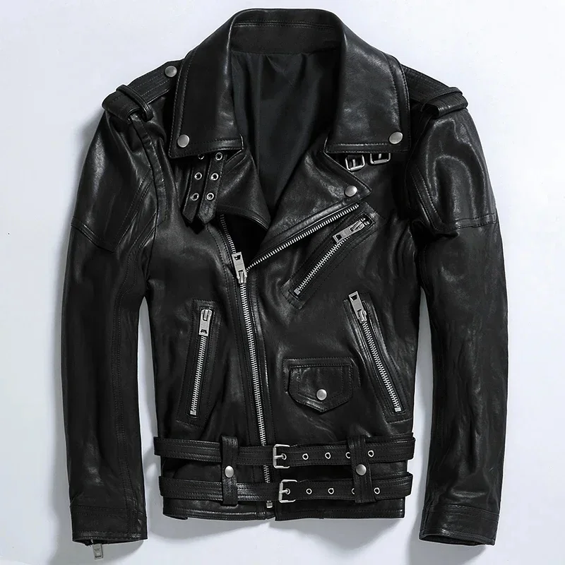 Spring New Black Oblique Zipper Leather Jacket Men's Slim Genuine Sheepskin SVegetable Tanned Motorcycle Biker Coat