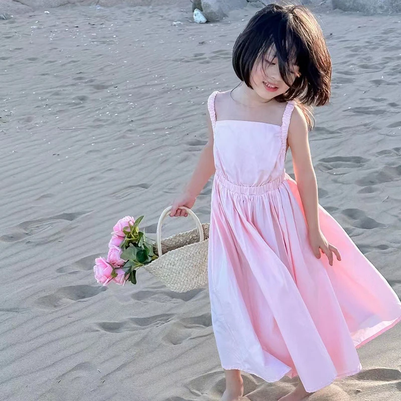 Children Baby Girls Dress Korean Solid Color Camisole Princess Dresses Fashion Backless Beach Clothes Kids Summer Casual Skirt