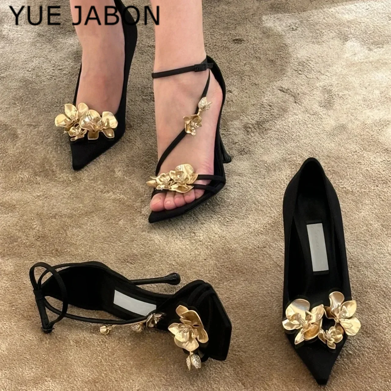 Golden Flowers High Heels Women Silk Luxury Designer Sandal Metallic Flower Pointed Toe Fine Heel Party Dress Shoes Pumps