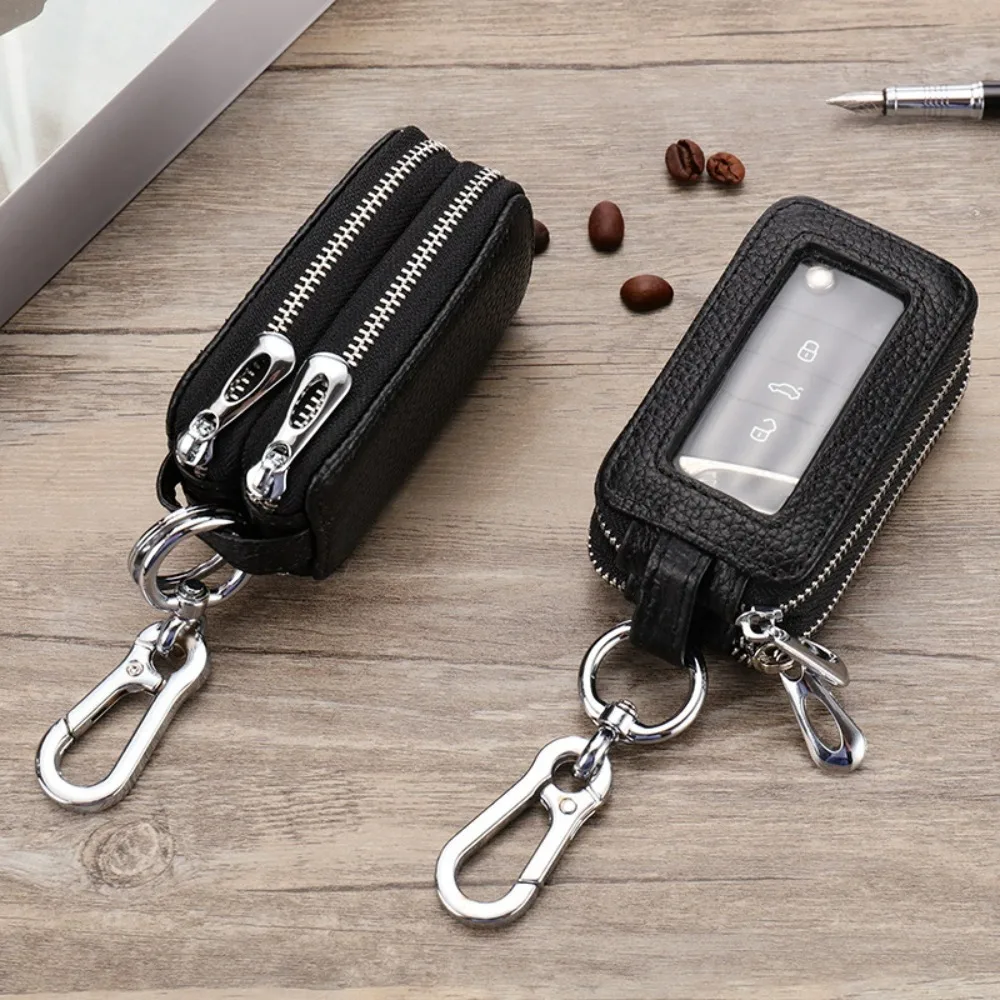 Double Zipper Leather Key Case, Dual Layer Car Key Holder with Transparent Window, Metal Carabiner, for Auto Remote & House Keys