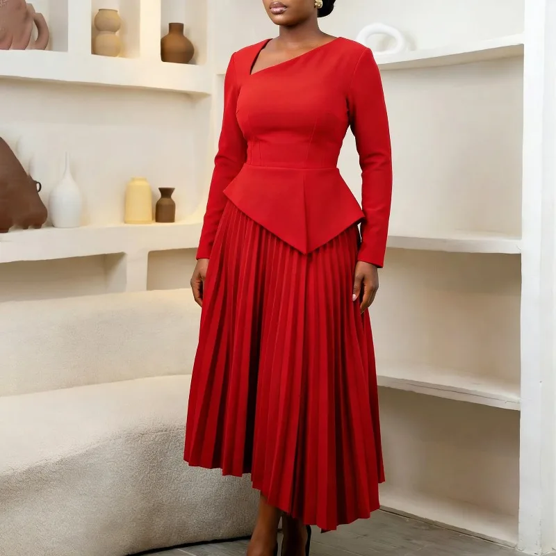 

Elegant Pleated Midi Dress Long Sleeves Asymmetrical Peplum A Line Ideal for Formal Events Business Meetings and Cocktail Party