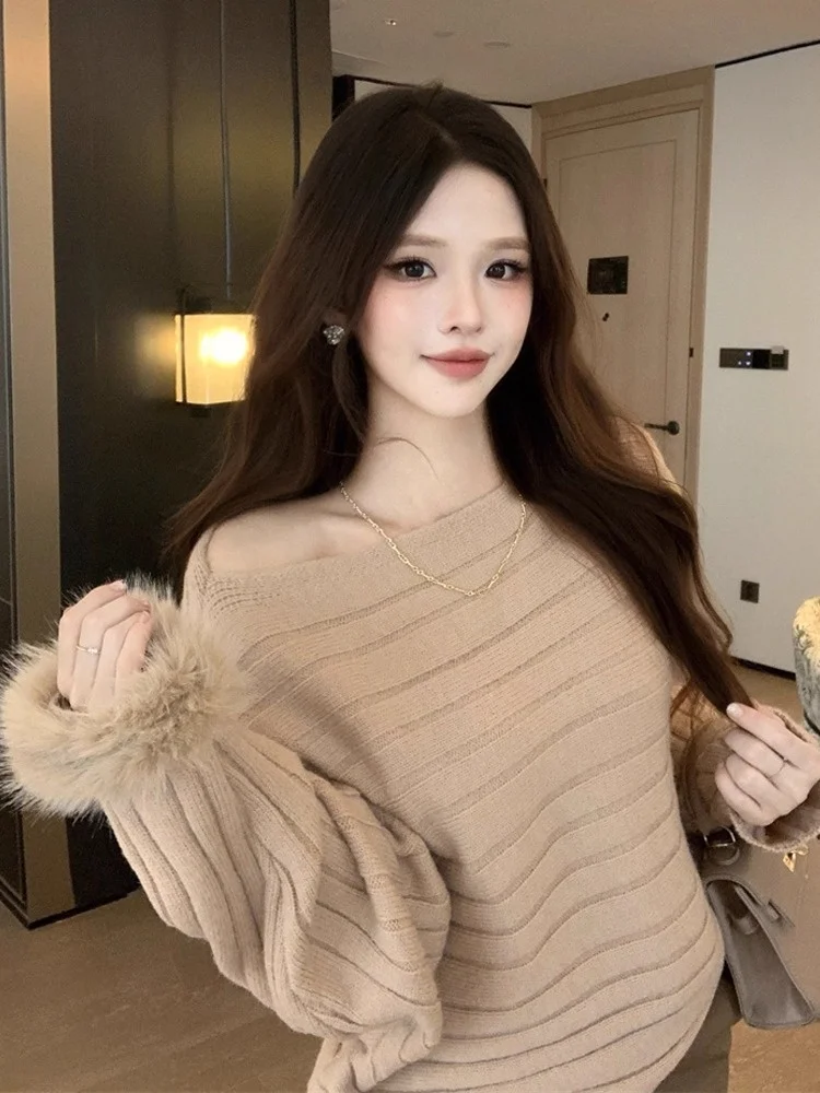 Lazy Long Sve Knitted Sweater Women's Loose Fit Sweet Sle oulder Slanting Furry Lap Opening Casual Daily Wear Top