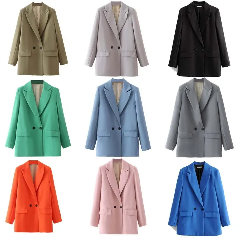 2025 Women Chic Office Lady Double Breasted Blazer Vintage Coat Fashion Notched Collar Long Sleeve Ladies Outerwear Stylish Tops