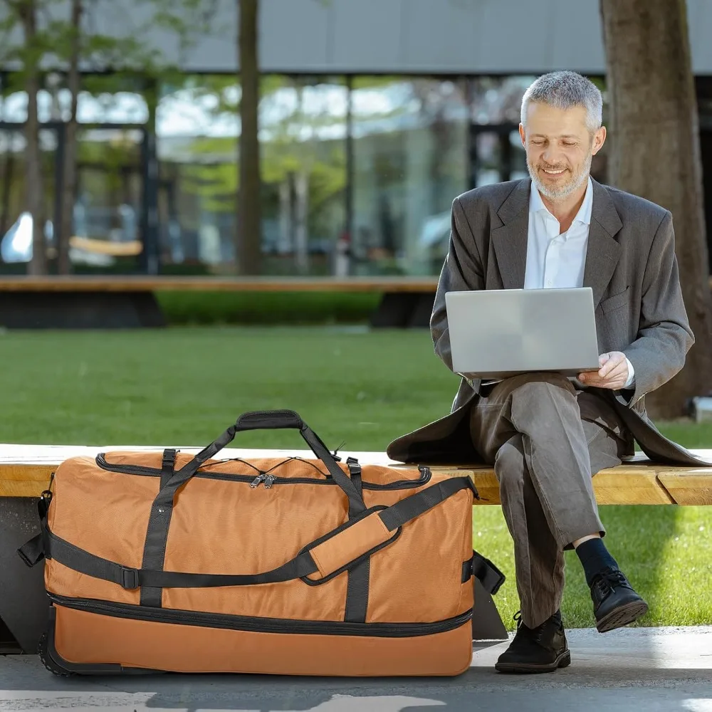 حقيبة سفر دوارة 110 لتر - 140 لتر قابلة للتوسيع، قماش أكسفورد 1680D، واق من المطر قابل للطي بعجلتين، بني #6