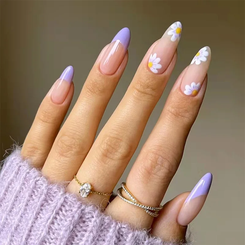 24pcs Free Glue Press on Nail Tip,Purple Wearable False Nails Design Manicure Fresh Floral Almond Water Droplet Shaped Nails