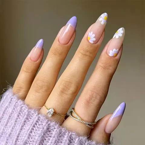네일 팁에 24pcs 무료 접착제 프레스, 보라색 웨어러블 틀린 손톱 디자인 매니큐어 신선한 꽃 아몬드 물방울 모양의 손톱 네일 팁에 24pcs 무료 접착제 프레스, 보라색 웨어러블 틀린 손톱 디자인 매니큐어 신선한 꽃 아몬드 물방울 모양의 손톱