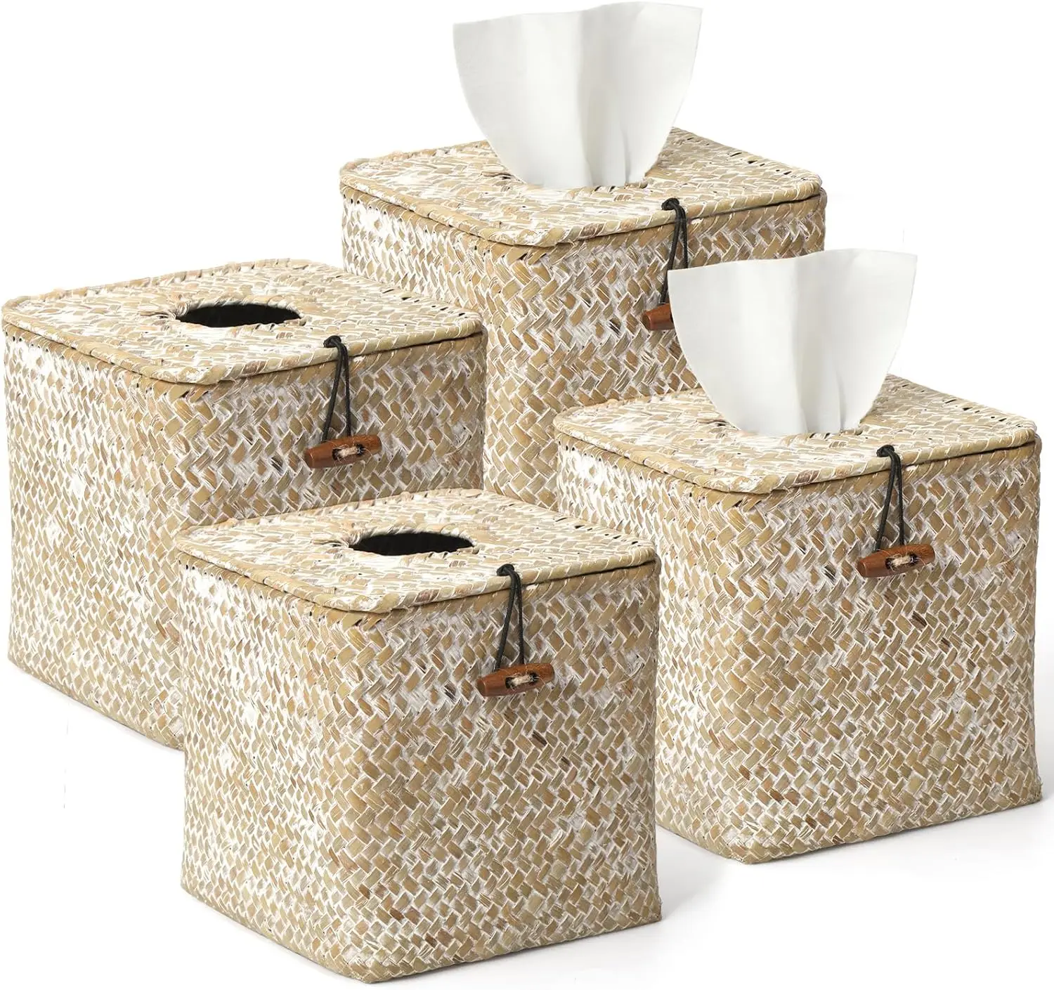 

4-Pack Seagrass Tissue Box Cover, Square Woven Holder with Lid for Farmhouse Boho Decor in Bathroom Living Room Kitchen