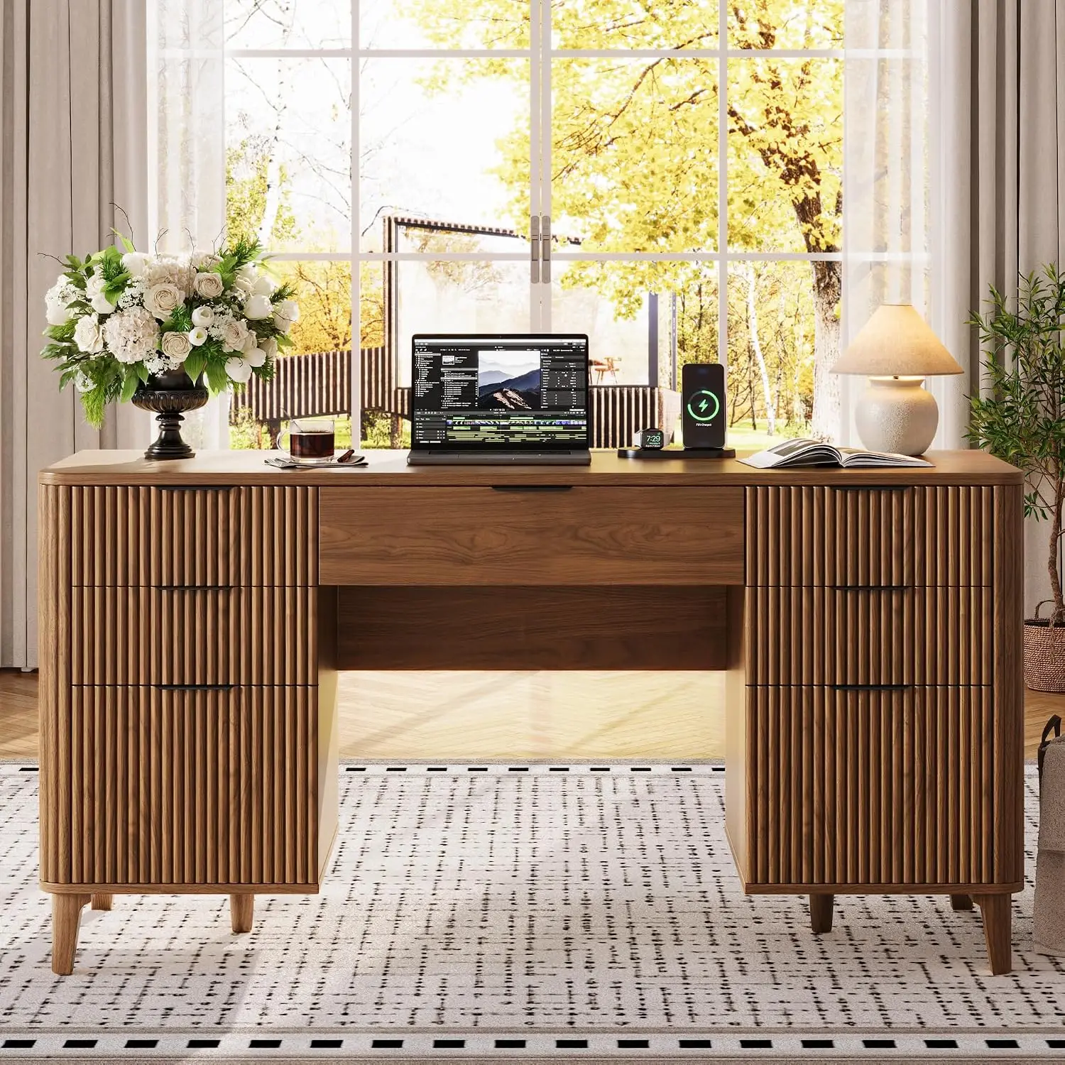 Walnut Executive Desk With Storage & File Drawer, 55