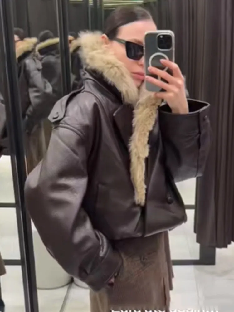 Collar Leather Women Bomber Jacket Vintage Lapel V-neck Full Sleeve Double Breasted Jackets Lady Winter High Street Outwear