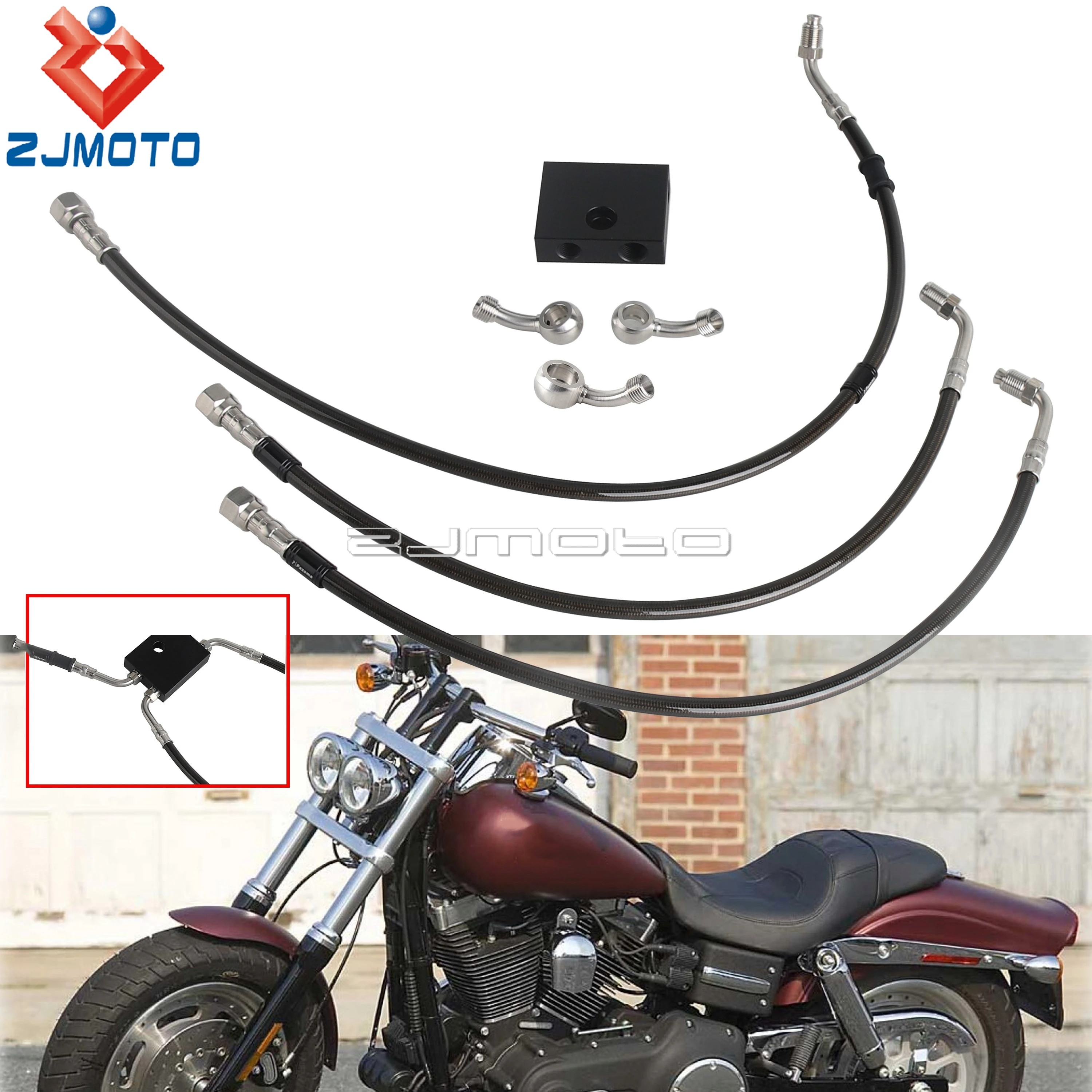 45° Banjo Master Cylinder Extended Upper Lower Brake Line For Harley Dyna Fat Bob FXDF Motorcycle Braided Brake Lines 2012-2017