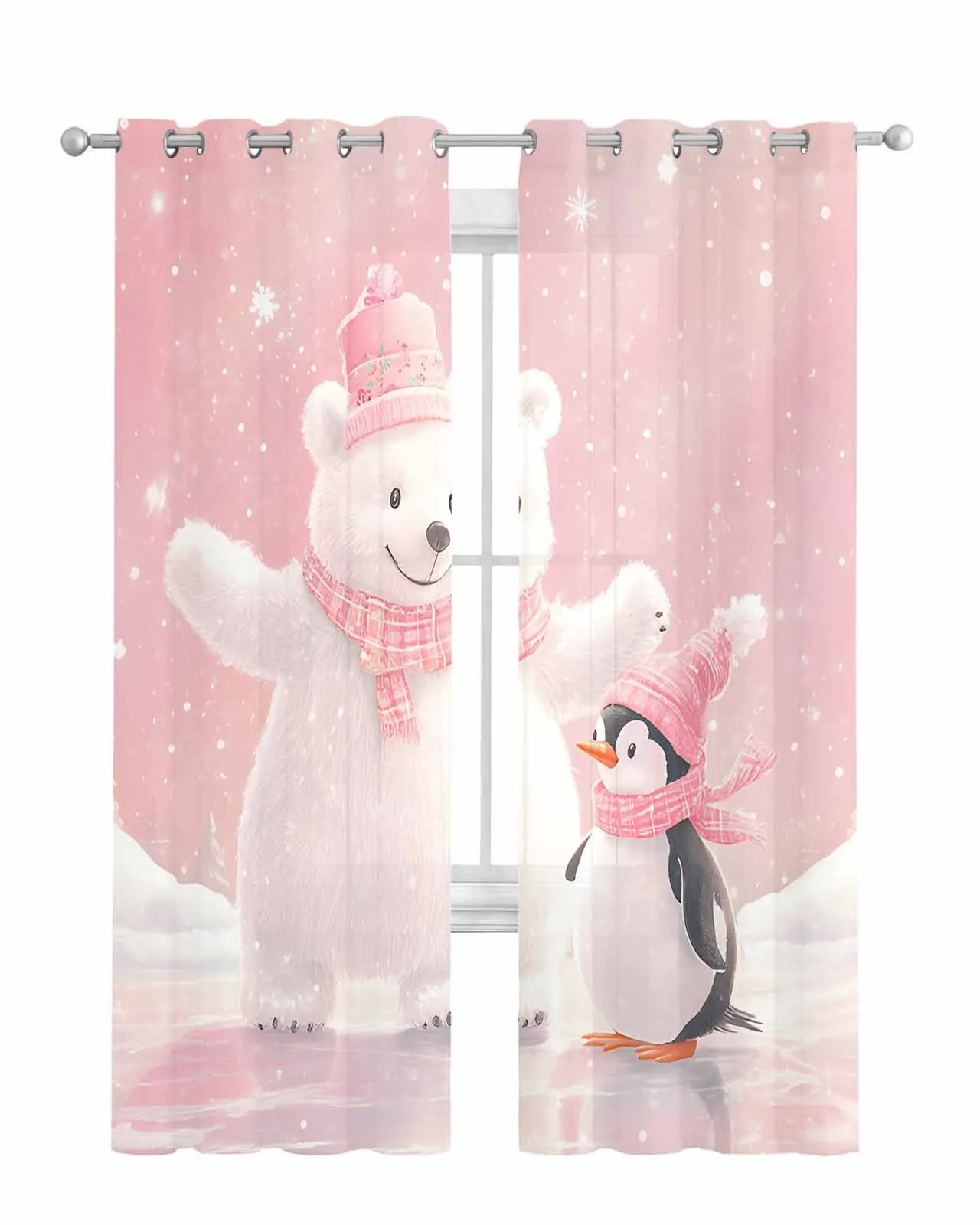 Christmas Pink Bears And Penguins Curtain Tulle Curtains For Living Room Kitchen Window Treatments Voile Curtains