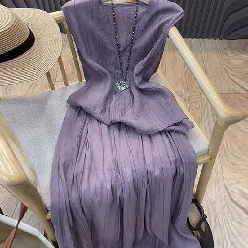 

Summer New High-end Feeling 2 Piece Sets Womens Outfits Unique Purple Tops and Fashion Half Skirt Two Piece Set