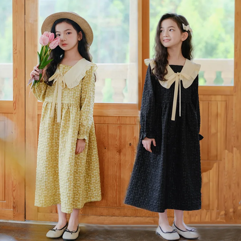 Vintage Jacquard Maxi Girls Dress Kids Long Sleeve Peter Pan Collar French Girls Casual Dresses Cute Lace-up Princess Clothes