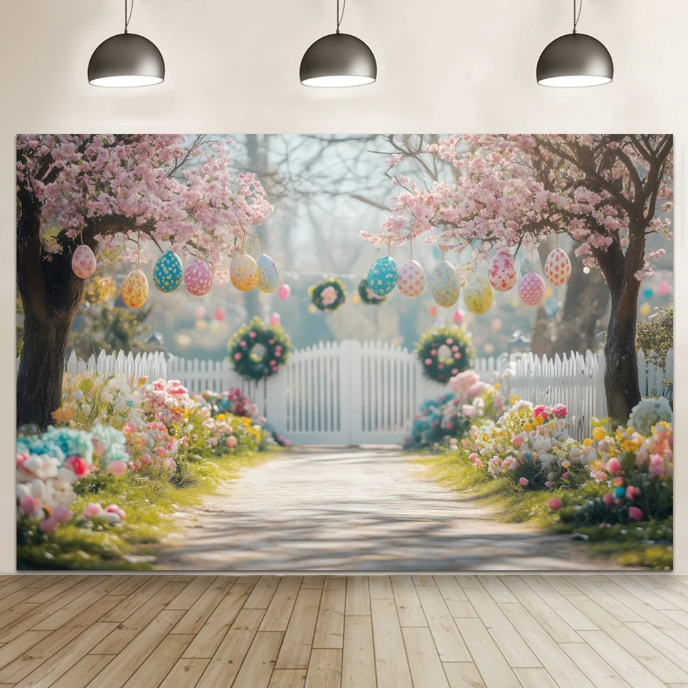 부활절 장식 정원 계란 배경 용수철 울타리 벚꽃 나무 다채로운 계란 바구니, 아이 초상화 배경 사진 스튜디오