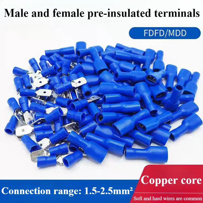 100 pcs/50 pairs Female/Male Spade Connectors 16-14 AWG Spade Quick Disconnect Connectors Insulated Spade Wire Crimp Terminal