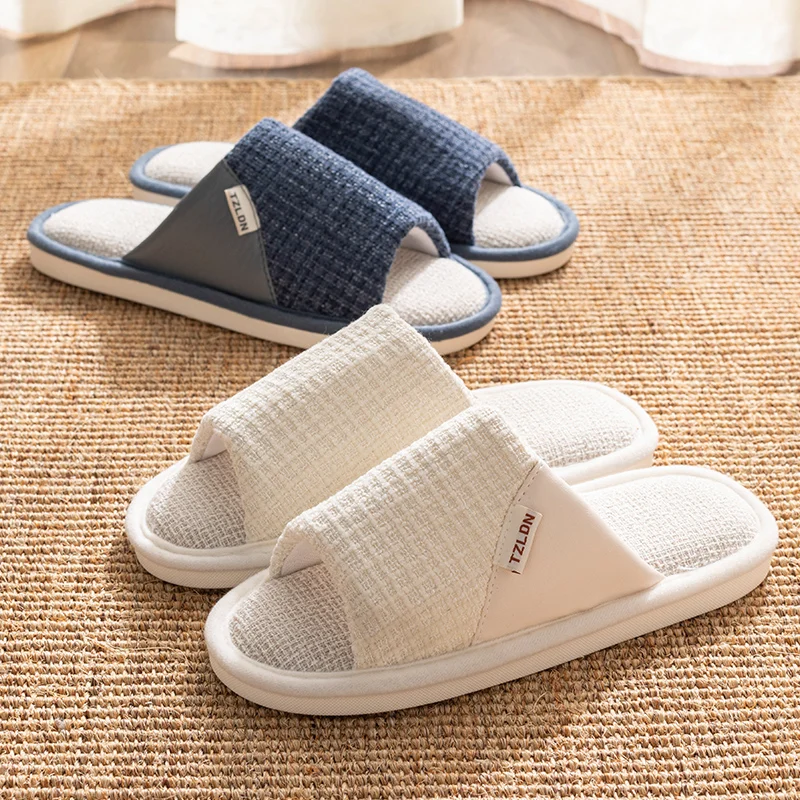 

Comwarm New Home Linen Slippers For Women Summer Indoor Open Toe Slippers Men Couple Flip Flops Bedroom Breathable Mute Slides