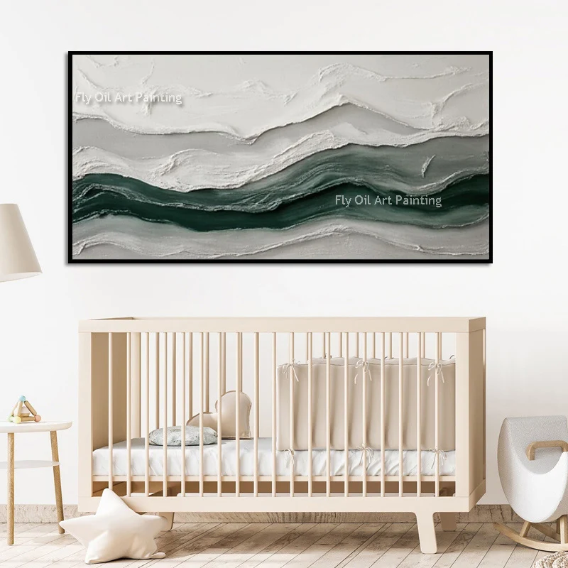 Simple Large Artwork White And Green Abstract Mountain Oil Painting On Canvas Hand Painted Original Knife Thick Wall Art Decor