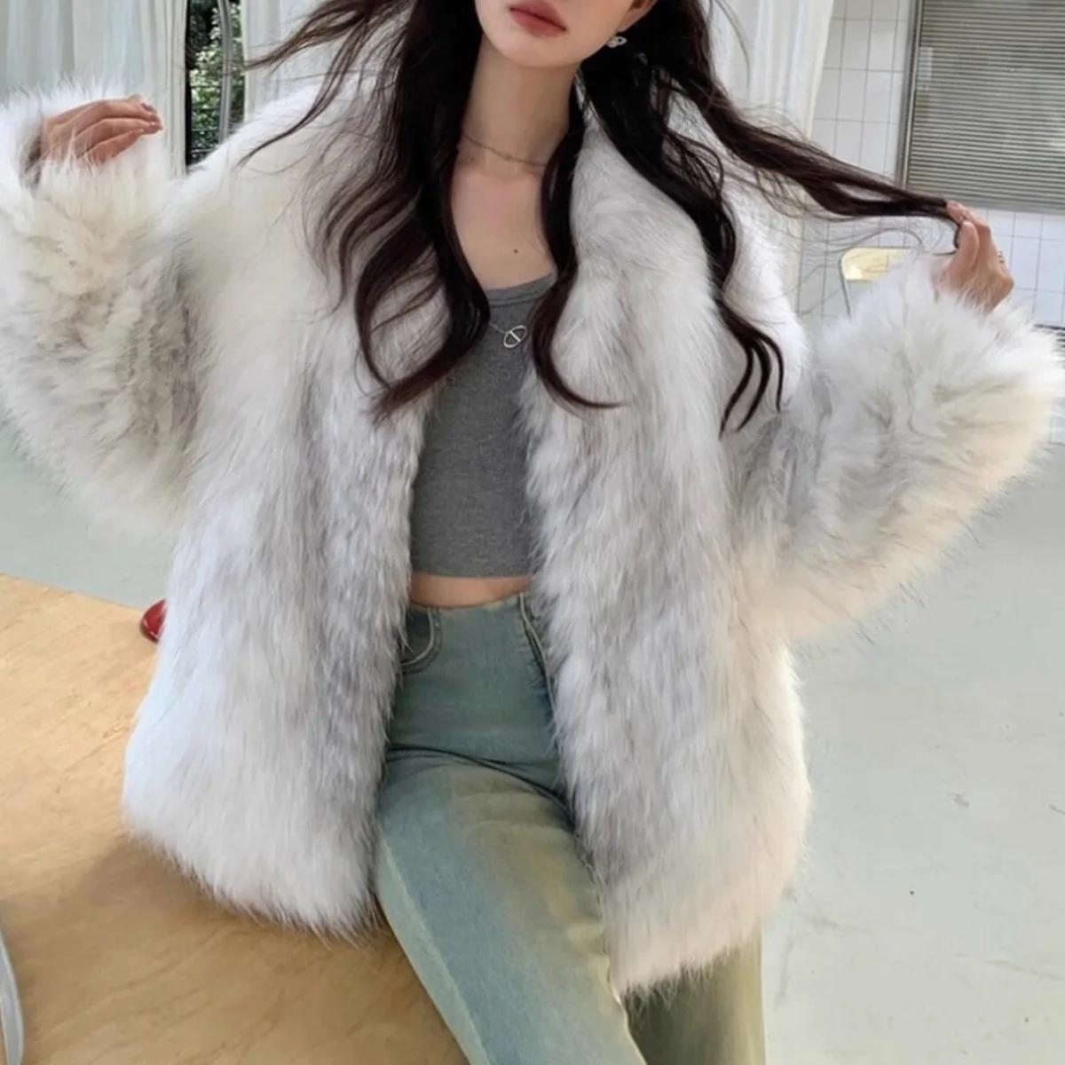 BKTZ Cappotto di pelliccia da donna Designer vintage di media lunghezza con scollo a V Tie-Dye Elegante ufficio minimalista Caldo lusso 2025 Autunno Inverno