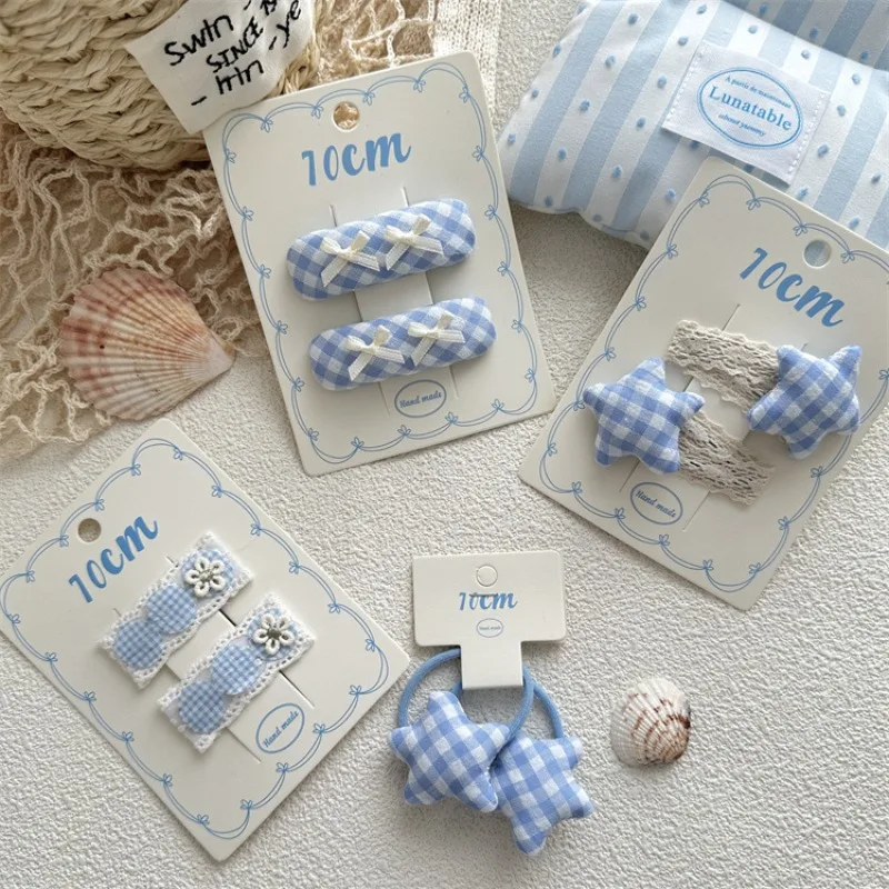 

Blue Fabric Plaid Star Hair Clips Hair Ties for Girls Bangs BB Clips Elastic Ponytail Holders Non Slip Toddler Hair Accessories