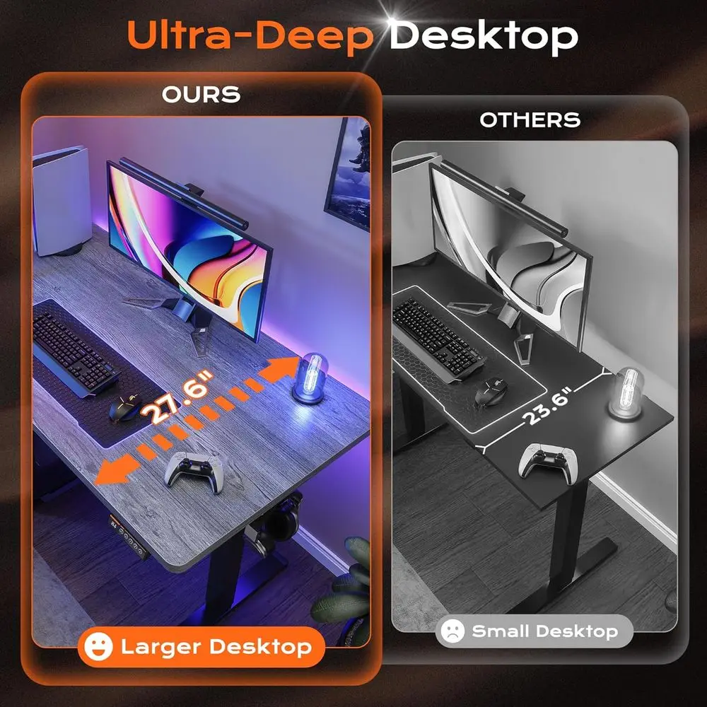 โต๊ะทำงานปรับระดับไฟฟ้า 48 x 28 นิ้ว, ความลึก 27.6 นิ้ว, ปรับความสูงได้ 3 ระดับ, สีเทา, สำหรับโฮมออฟฟิศและเล่นเกม