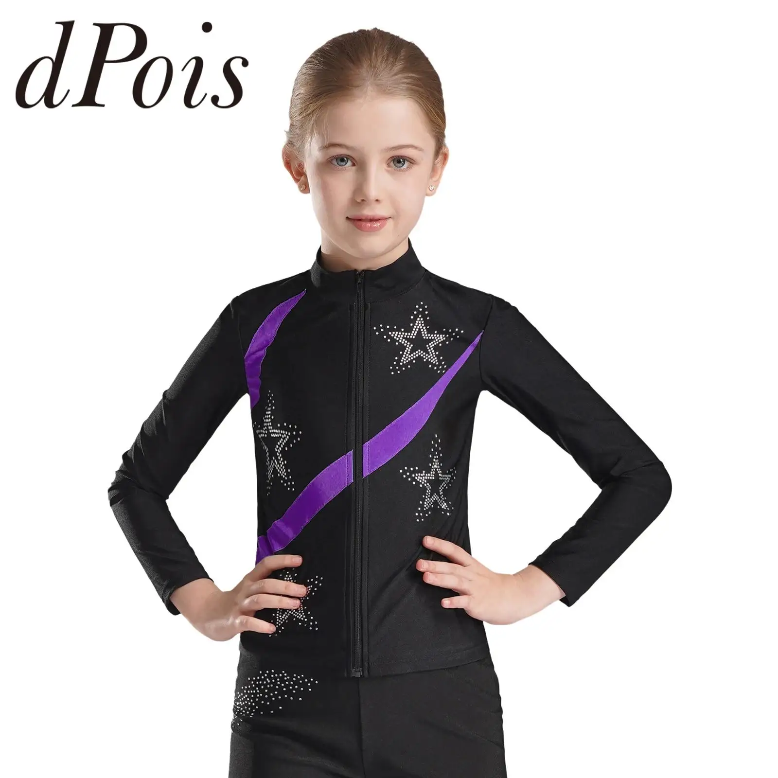 Kids Girls Gymnastics Jacket Trainning Exercise Gym Sports Top Long Sleeve Zipper Sweatshirt for Workout Figure Skating Coats