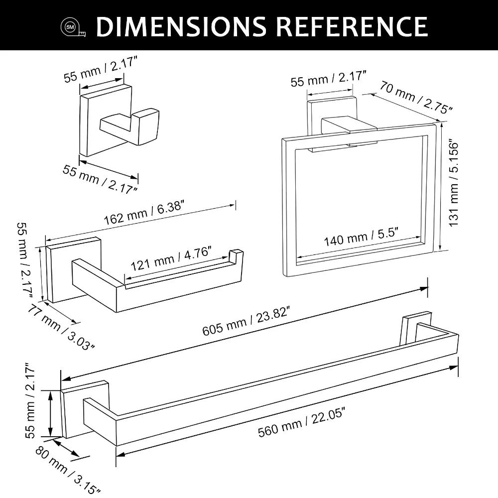 5 Pieces Bathroom Hardware Accessories Set Towel Bar Set Wall Mounted, 304 Stainless Steel Waterproof, Bathroom Hardware