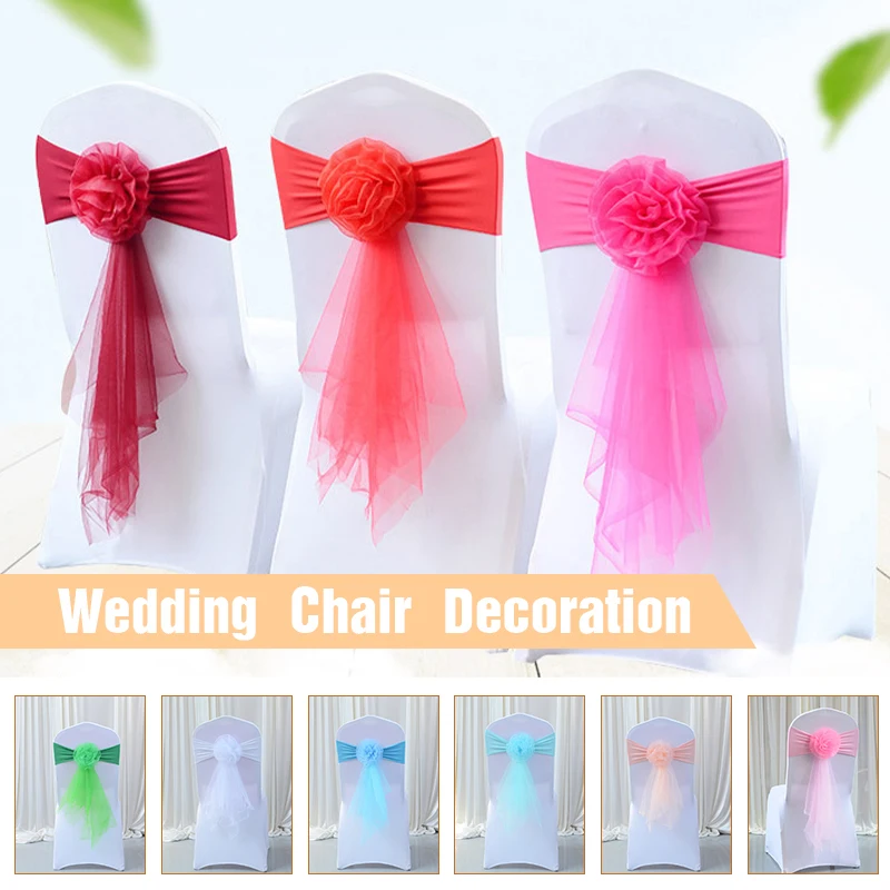 5 Pcs Organza Chair Sash Wedding Decor Bow Tie Band Birthday Party Banquet Hotel Dinner Chair Bow Tie Band Decorations