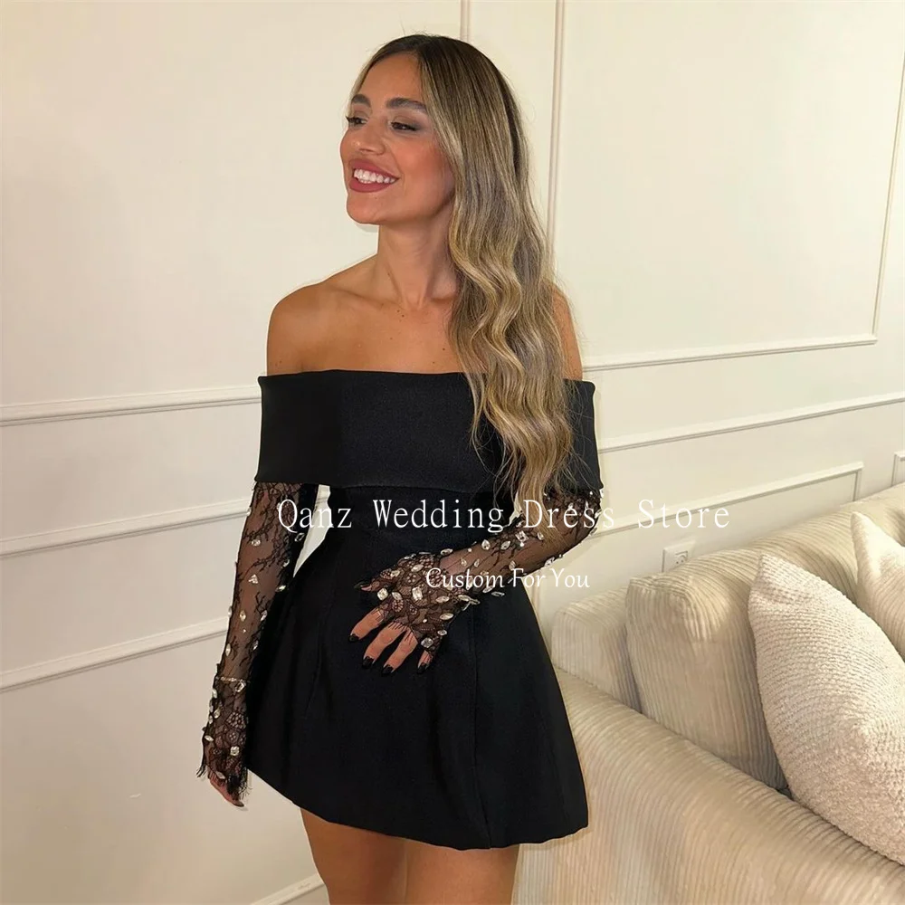 Qanz Short Prom Dress Black Rhinestone Birthday Dress Lace Long Sleeves Cyrtal Corset Back Sexy Robes De Soirée Customized
