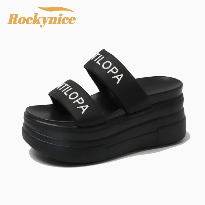 

2024 Summer Women Hollow Out Beach Slippers New Ladies Wedge Heels Leather Flip-Flops Woman High Platform Outside Sandals 7CM