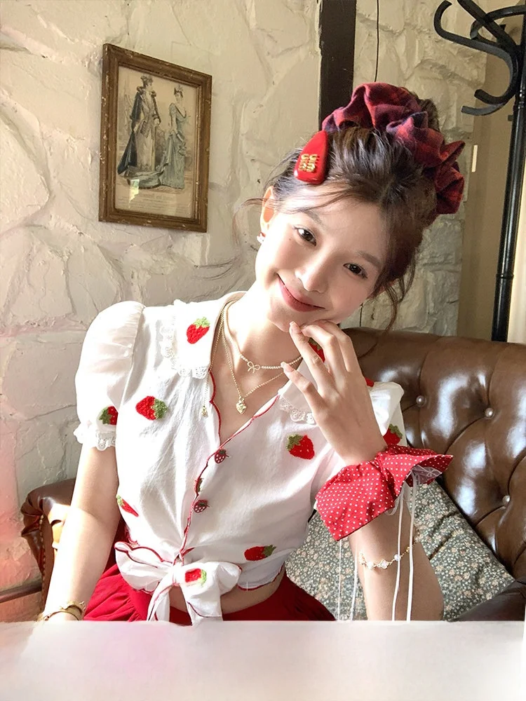 

White Stberry Milk Candy ort Sve irt Women's Summer f Sve Tie irt Sweet Sle Slim Fit Cotton Bubble Sve