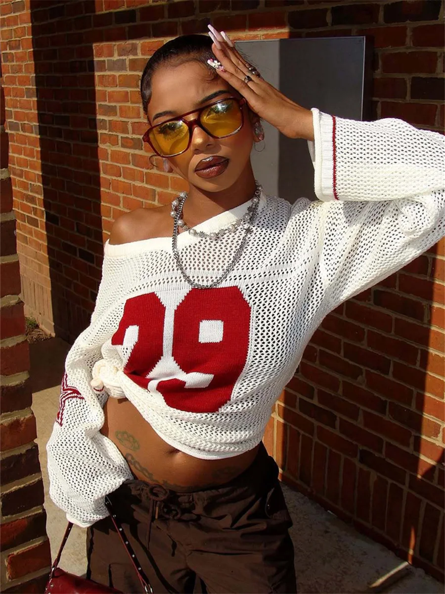 Nibber suéter de impressão digital feminino de retalhos de Natal com decote em V manga completa casual ver através do streetwear pulôver diário básico