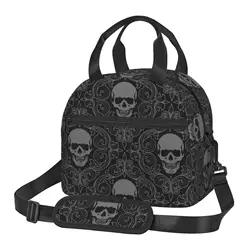 Gothic Black Skull Damask Insulated Lunch Bag Unisex Lunch Box with Detachable Shoulder Strap Reusable Thermal Cooler Tote Bag