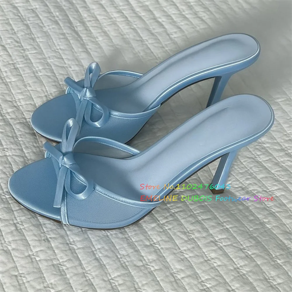 

Mesh Bow Decor High Heel Mules Women Sexy Blue Open Toe Stiletto Heel Slip On Elegant Solid Color Outside Party Dress Slippers