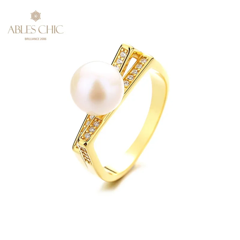 

AC 5A Freshwater Pearl 8-8.5mm Accent Solitaire Ball on Paved Bars 18K Gold Tone Solid 925 Silver Ring RN1020