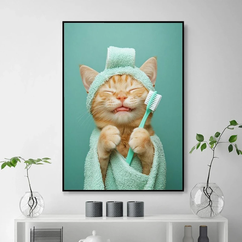 Cat in A Bathrobe Brushing Teeth Poster and Prints Cartoon Animal Art Canvas Painting Wall Art Picture for LivingRoom Home De
