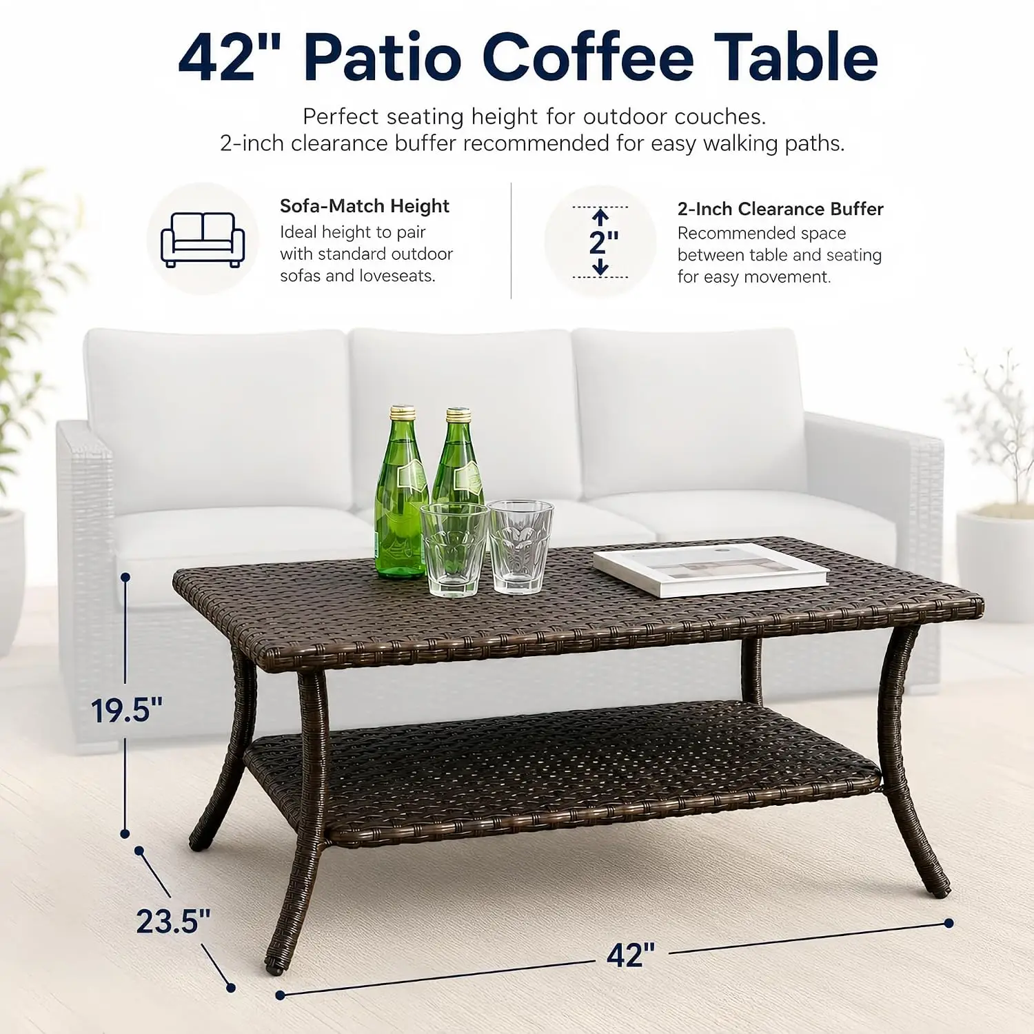 42-Inch 2-Tier Outdoor Coffee Table PE Rattan Steel Frame Storage Shelf 50 lb Garden Backyard Porch, Customized