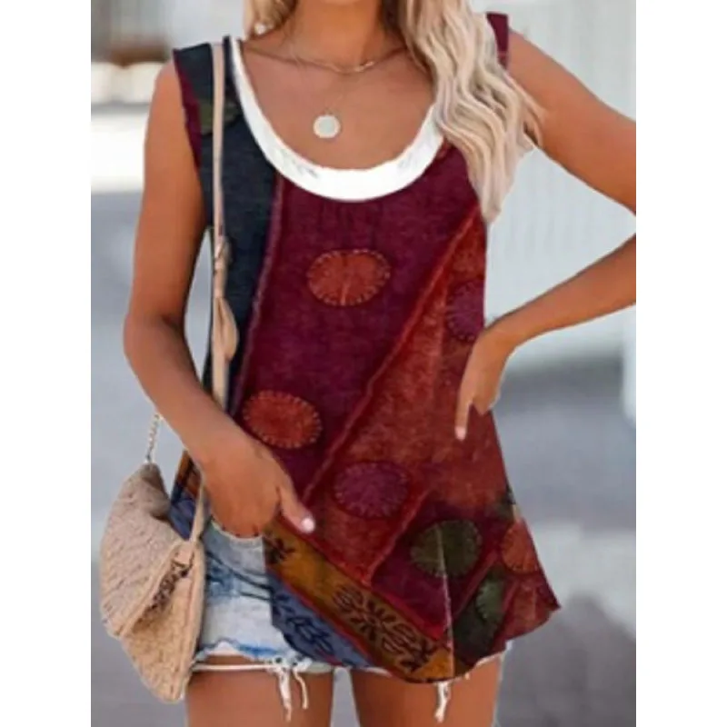 

2024 Summer New Women's Pullovers Crew Neck Contrast Color Printed Spliced Elegant Loose Sleeveless Commuter Casual T-shirt Tops