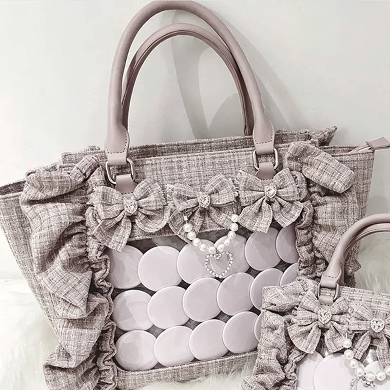 Y2K japanische Ita-Tasche, transparente Tragetasche mit Rüschenbesatz, süße Harajuku-Handtasche zur Präsentation von Abzeichen, Pendler-Umhängetasche mit großem Fassungsvermögen – Detail 14