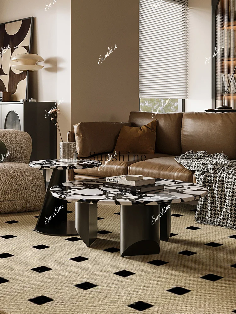Wabi-sabi French terrazzo small apartment living room household light luxury round coffee table combination  FT