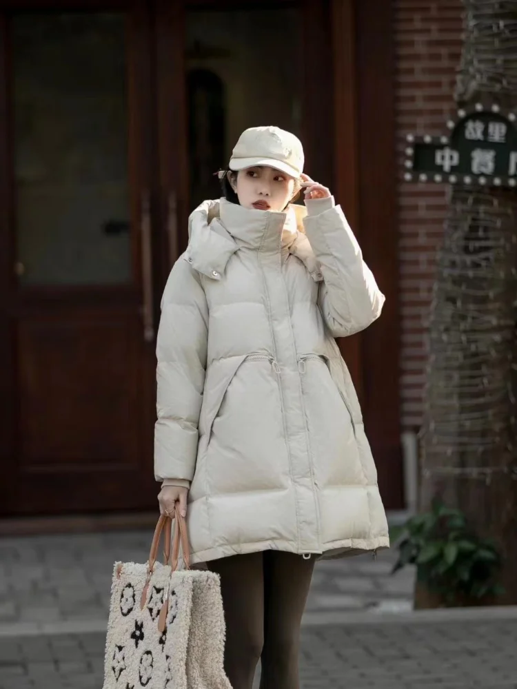 Women\'s Medium Length Hooded Jacket, Warm Coat, Light Fluffy Coat, Thick, 90 White Duck Down, New Fashion, Winter, 2024