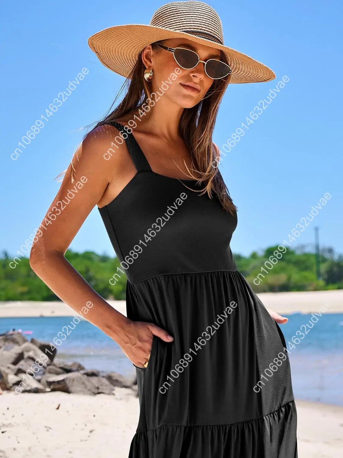 Feminino verão casual longo maxi praia férias vestidos sem mangas pescoço quadrado flowy em camadas vestido de sol com bolsos