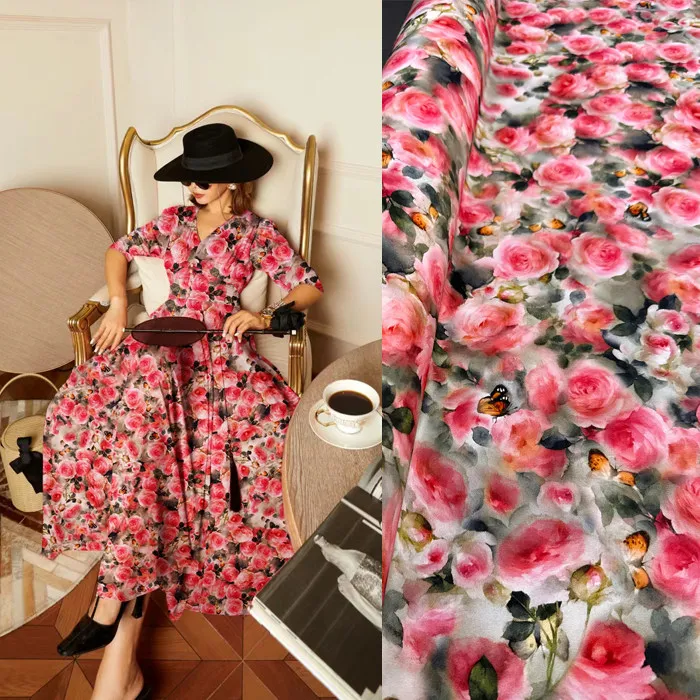 Pink Misty Rose Floral Print Silk Stretch Crepe De Chine Fabric Mulberry Silk Material For Dresses 140cm Wide Blouse