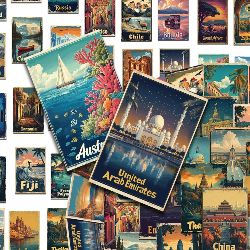 

50pcs Retro Travel Poster Stickers For Phone Laptop Scrapbook Refrigerator Wall DIY Aesthetic Waterproof Stickers Creative Gifts